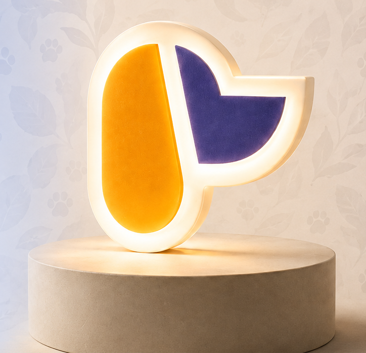 Símbolo LUNALU iluminado sobre pedestal